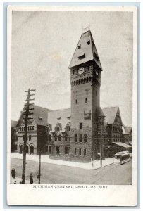 c1905 Michigan Central Depot Station Clock Tower Scene Detroit MI Postcard