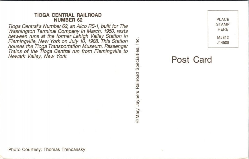 Tioga Central Railroad Number 62 Train Car Postcard VTG UNP Vintage Unused 