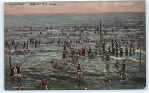 GALVESTON, TX Texas~ CROWD of BATHERS in GULF WATERS c1910s Handcolored Postcard