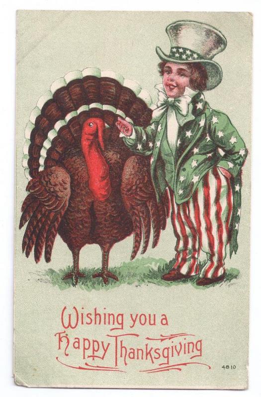 Patriotic Thanksgiving Postcard Uncle Sam Boy and Turkey Vintage 1910