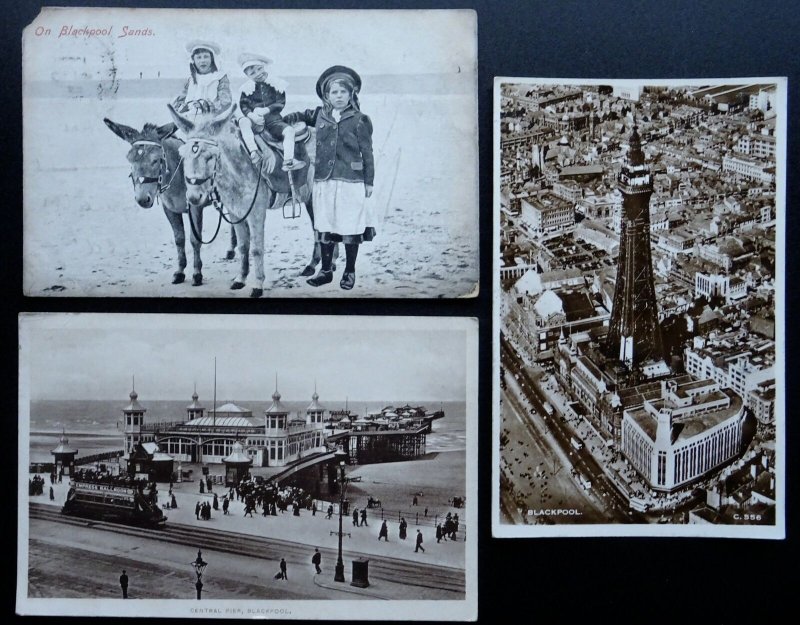 Lancashire 3 x BLACKPOOL Children & Donkey TOWER & PIER c1905 & 1920s Postcard