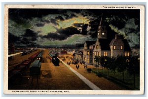 1920 Train Locomotive Pacific at Night Cheyenne Wyoming WY Antique Postcard