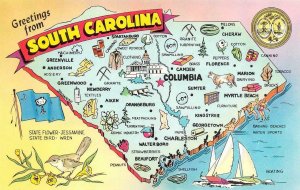 South Carolina SC   MAP CARD Greetings  ROADSIDE ATTRACTIONS  ca1960's Postcard