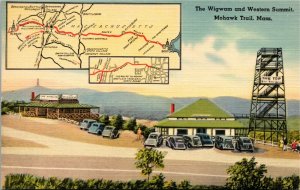 Postcard MA Mohawk Trail The Wigwam & Western Summit Classic Cars Map 1940s H18