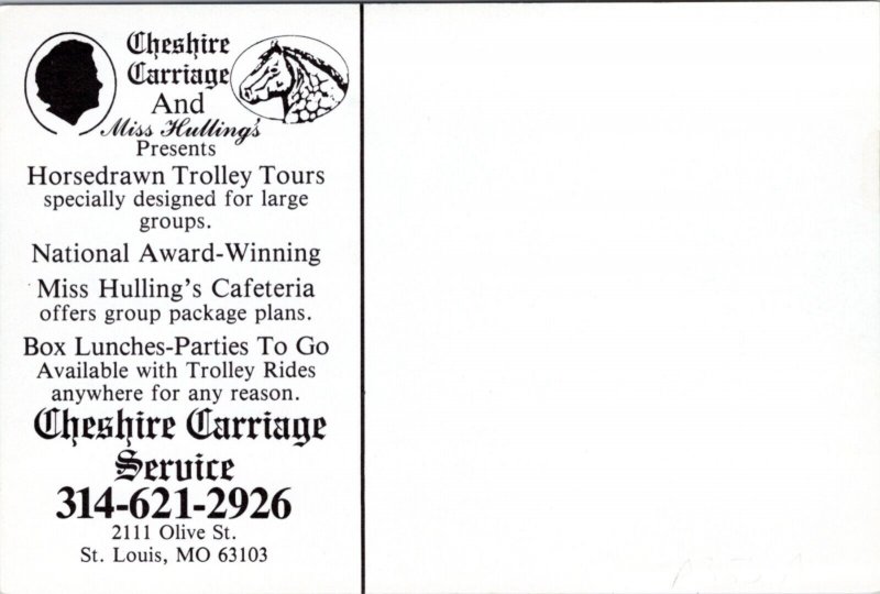 Postcard MO St. Louis  advert - Cheshire Carriage Horsedrawn Trolley