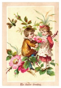 Vintage 1890's Victorian Easter Card - Cute Children Giant Pink Flowers Greeting