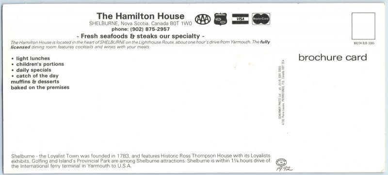 c1970s Shelburne, Nova Scotia, Canada Hamilton House Restaurant Brochure Card 3R