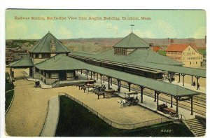 Brockton MA Railroad Station Train Depot Horse & Wagons 1911 Postcard