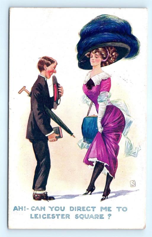 Postcard Preacher Woman Large Hat Direct Me To Leicester Square 1912 B40