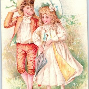 c1890s Cute Boy Girl Victorian Fashion Trade Card Child Umbrella Scrapbook C35