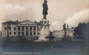 VINTAGE POSTCARD STATUE OF KING CHARLES XI OF SWEDEN IN TOWN SQUARE KARLSKRONA
