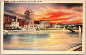 Charleston West Virginia, Sunset on the Kanawha River, Bridge, Vintage Postcard