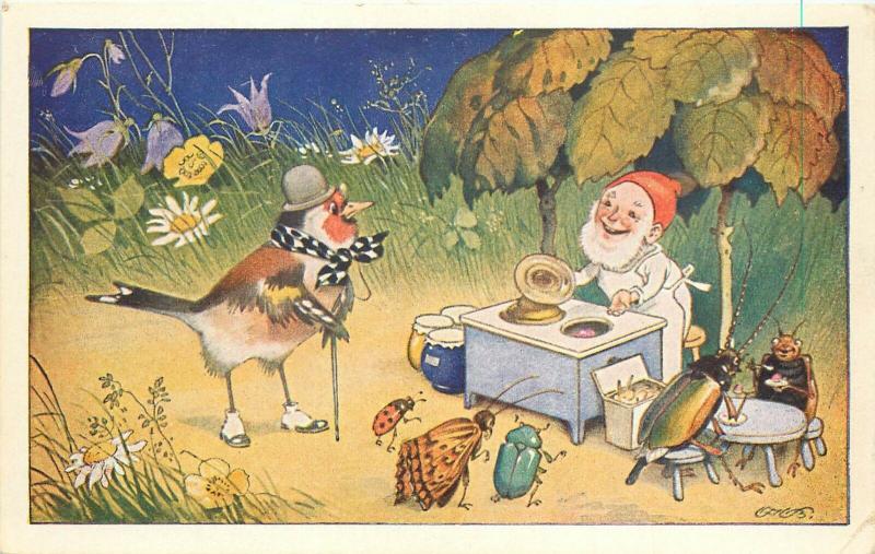 German Fantasy Art Postcard Baumgarten Gnome Forest Food Stand Dressed Bird Bugs