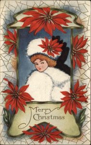 Christmas Pretty Woman Poinsettia Gilt Embossed c1910s Postcard