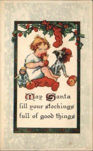 Christmas Cute Kids Child Puppy Dog Doll Dolly Vintage Postcard