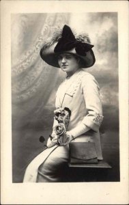 Woman in Interesting Dress and Hat Studio Portrait Real Photo c1910 Postcard