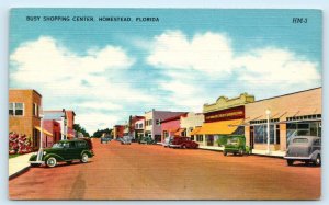 HOMESTEAD, Florida FL ~ Street Scene BUSY SHOPPING CENTER 1940s Linen Postcard