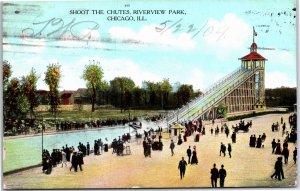 VINTAGE POSTCARD SHOOT THE CHUTES WATER RIDES AT RIVERVIEW PARK CHICAGO c. 1910