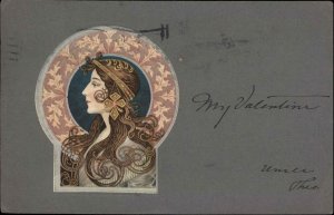 Beautiful Woman Art Nouveau Jewelry Flowing Hair c1910 Postcard