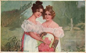 Vintage Postcard 1910 Congratulations Greetings Beautiful Women Victorian Ladies