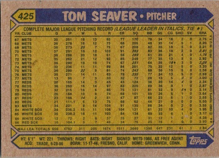 1987 Topps Baseball Card Tom Seaver Boston Red Sox sk3217