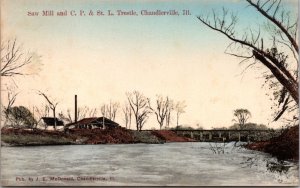 Hand Colored Postcard Saw Mill and C.P. & St. L. Trestle Chandlerville, Illinois