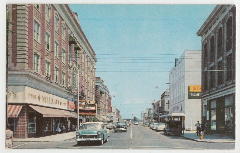 P2916, 1962 used  postcard main st. scene old cars signs etc elizabeth ciity NC