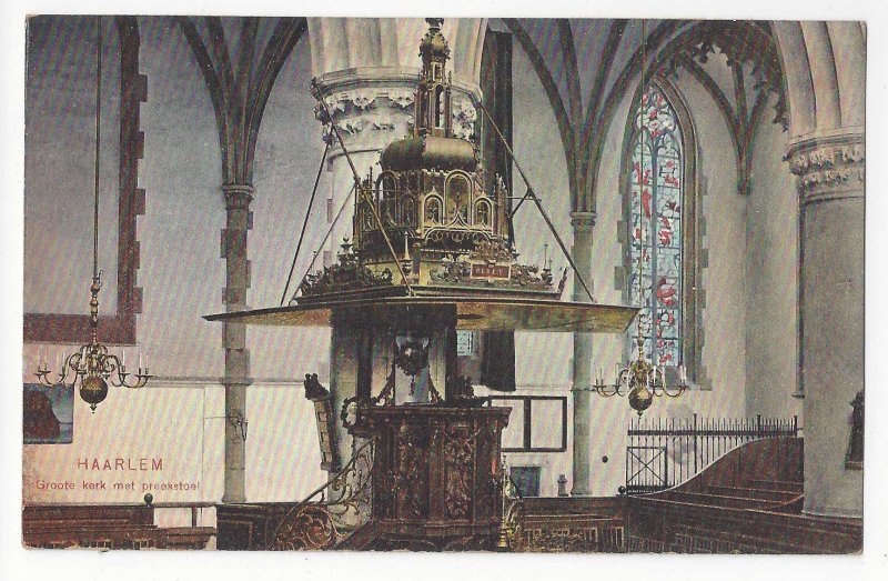 Netherlands Holland Haarlem Church Pulpit Groote Kerk Preekstoel Vtg Postcard