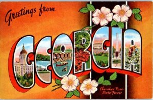 1940s Large Letter Greetings from Georgia Cherokee Rose State Flower Postcard