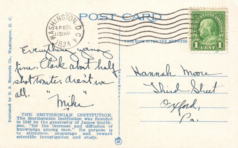 Vintage Postcard 1934 Smithsonlan Institution Scientific Investigation W DC