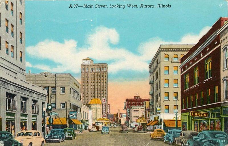 Main Street Aurora Illinois IL 1950's pm 1951 old cars Postcard