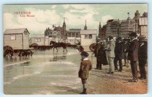 OSTENDE, BELGIUM ~ LES BAINS ca 1910s Horse Drawn Cabanas Postcard