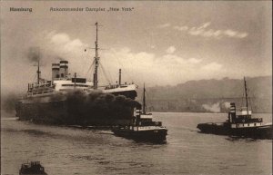 Hamburg Germany Steamship Boats, Ships SS NEW YORK Tiug Boats c1910 Postcard