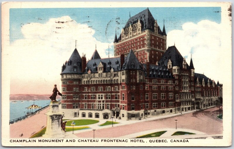 1940's Champlain Monument Chateau Frontenac Hotel Quebec Canada Posted Postcard