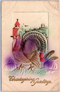 postcard Thanksgiving Greetings - embossed turkey posted 1910