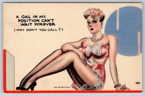 A Gal In My Position Can’t Wait Forever, Risqué Pinup Art Postcard, Jay Jackson