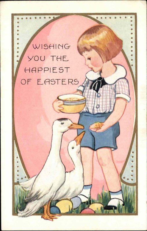 Whitney Easter Little Boy Feeding Geese Vintage Postcard