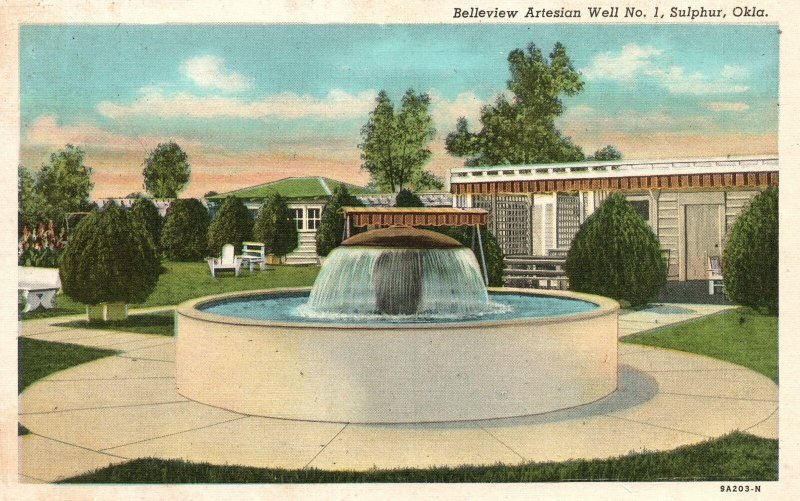 Vintage Postcard Belleview Artesian Well No. 1 Landscaped Tree Sulphur Oklahoma