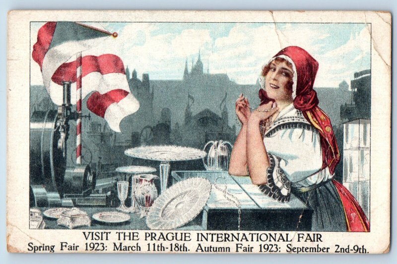 Czechia Postcard Visit The Prague International Fair Lady with Red Hoodie 1923