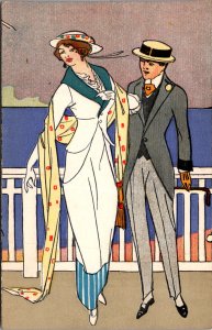 Hygrade Fashion advertising postcard fabulous illustration & clothes c1913 coupl