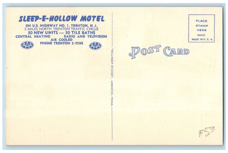 Trenton New Jersey NJ Postcard Sleep-E-Hollow Motel Exterior Roadside c1940's