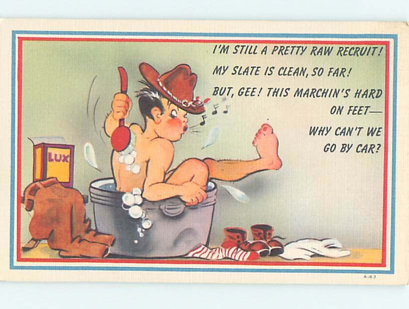 Linen western comic OLD WEST COWBOY TAKES BATH IN WASHTUB HL3421