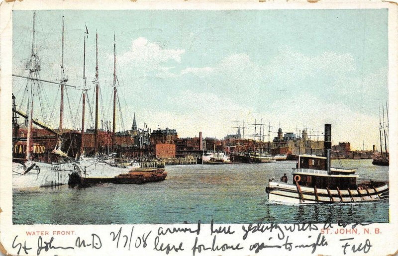 St. John New Brunswick Canada 1908 Postcard Water Front Ships Tugboat