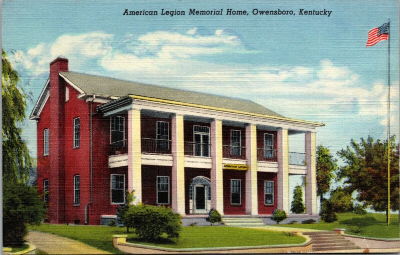 Vtg 1940's American Legion Memorial Home American Flag Owensboro Linen Postcard
