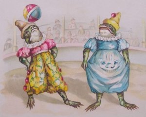 1880s Anthropomorphic Frogs At Circus Scary Face Victorian Greeting Trade Card