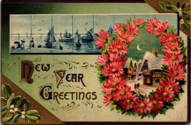 New Year Postcard Sail Boats Snow Covered Town Wreath of Pink Flowers