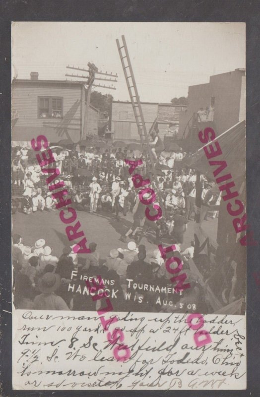 Hancock WISCONSIN RPPC 1908 FIRE DEPARTMENT COMPETITION Ladder Climb WI KB