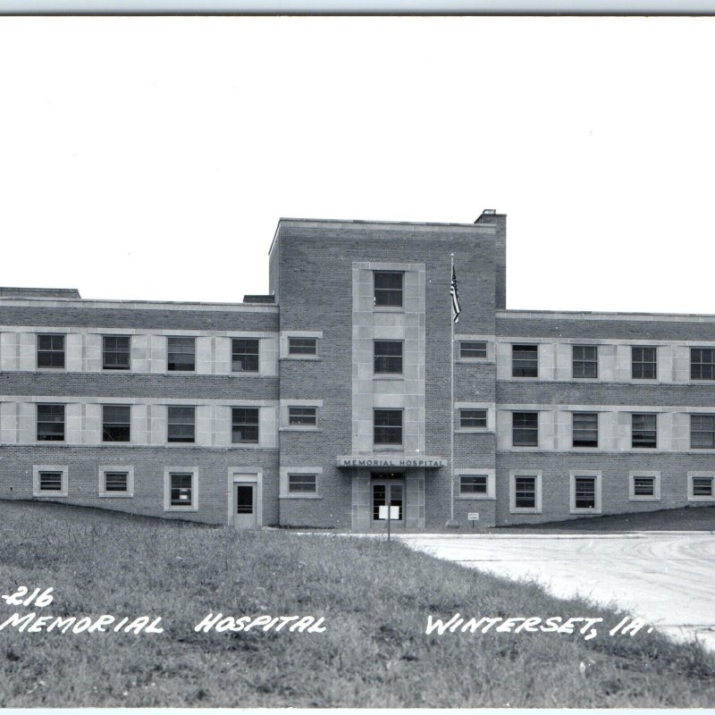 c1940s Winterset, IA RPPC Memorial Hospital Building Flag Street Real Photo A114