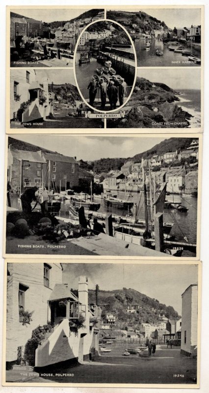 Jews House Fishing Boats Polperro Cornwall 3x RPC Postcard s