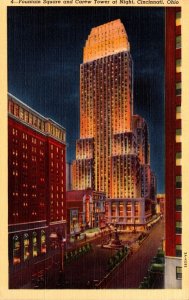 Ohio Cincinnati Fountain Square and Carew Tower At Night 1943 Curteich